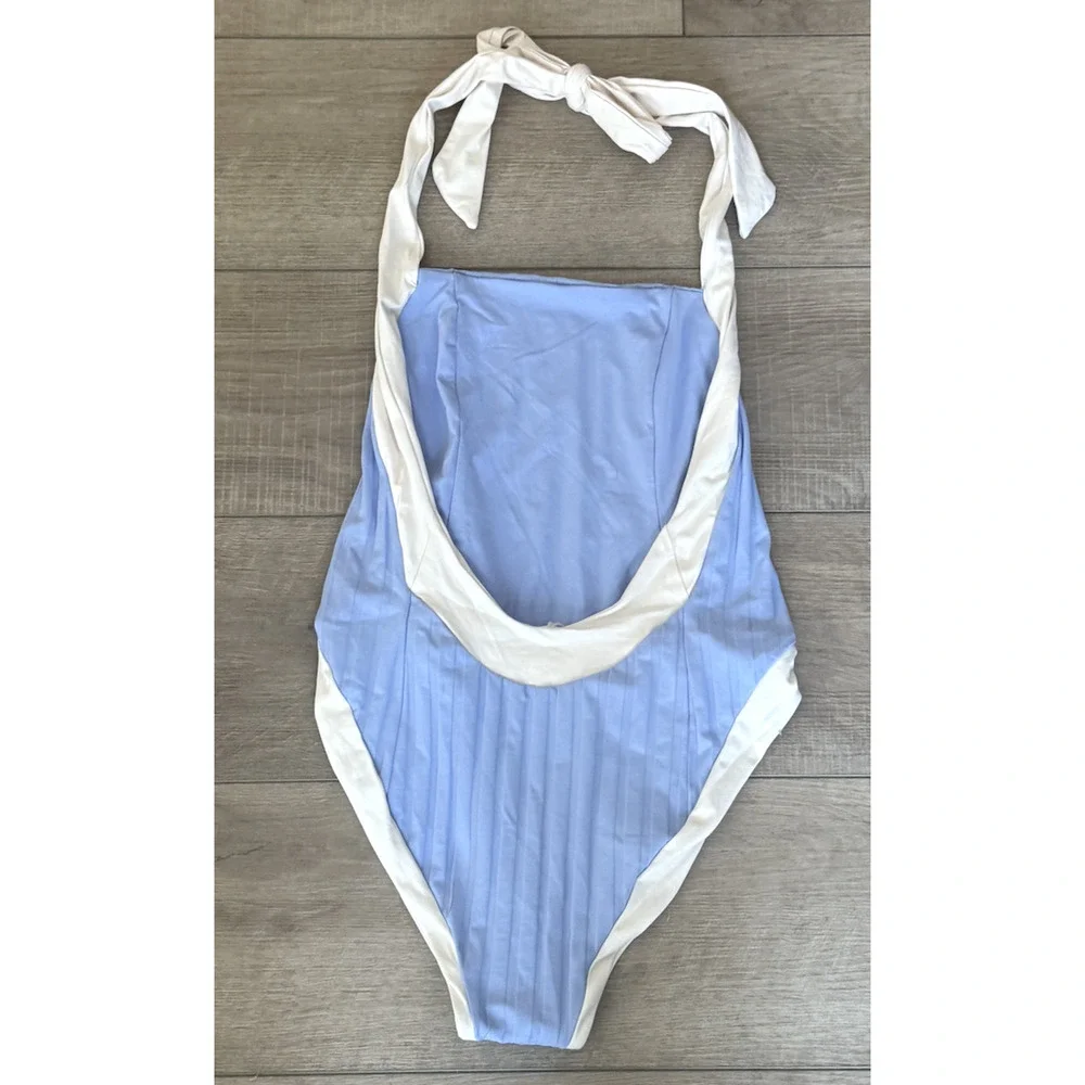 NEW KYA FREE PEOPLE PERIWINKLE VANILLA RIBBED ROSIE ONE PIECE SWIMSUIT SZ M